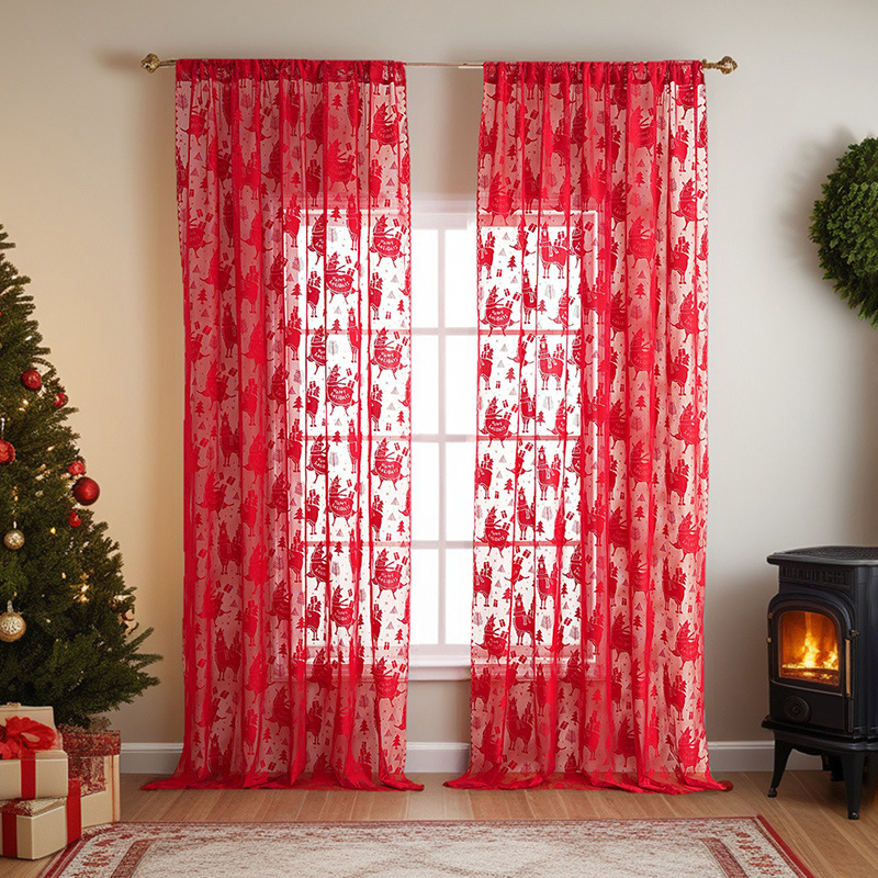Red And Green Christmas Embroidered Sheer Curtains For Holiday Decoration_voghion.com