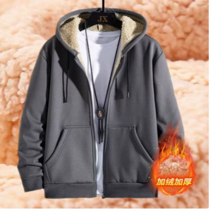 羊羔绒连帽卫衣男士拉链大码冬季加绒加厚保暖纯色多色开衫外套男