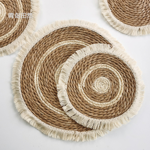 Amazon tassel edge straw placemat thickened insulated casserole mat cattail woven placemat mixed dining table plate mat
