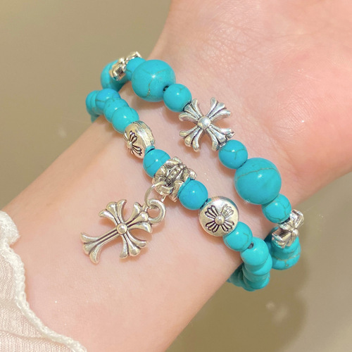 Elegant European Cross Bead Bracelet for Women - Unique and Advanced Style, Versatile Design, Turquoise Bead Necklace - New Accessory