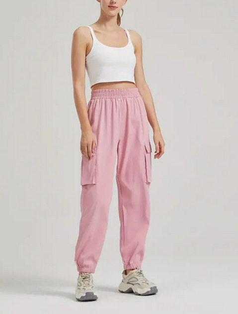 Pantalones cargo casuales de color sólido para mujer, con puños elásticos y bolsillos 3D, estilo deportivo, de Amazon Independent Site, 2025.