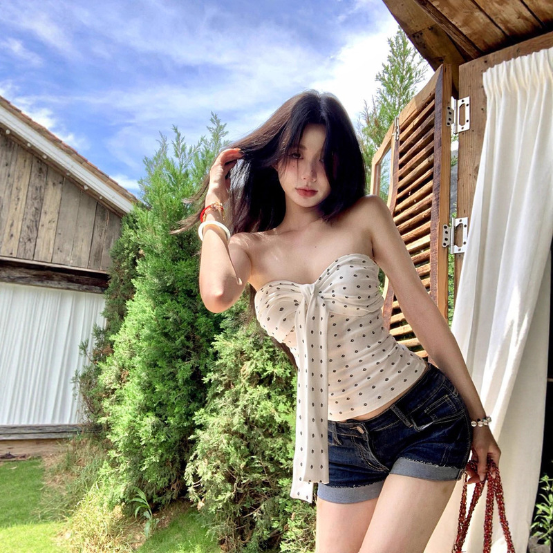 American Retro Tube Top Women's Summer Bow Tie Polka Dot Suspender Hot Girl Slimming Short Top