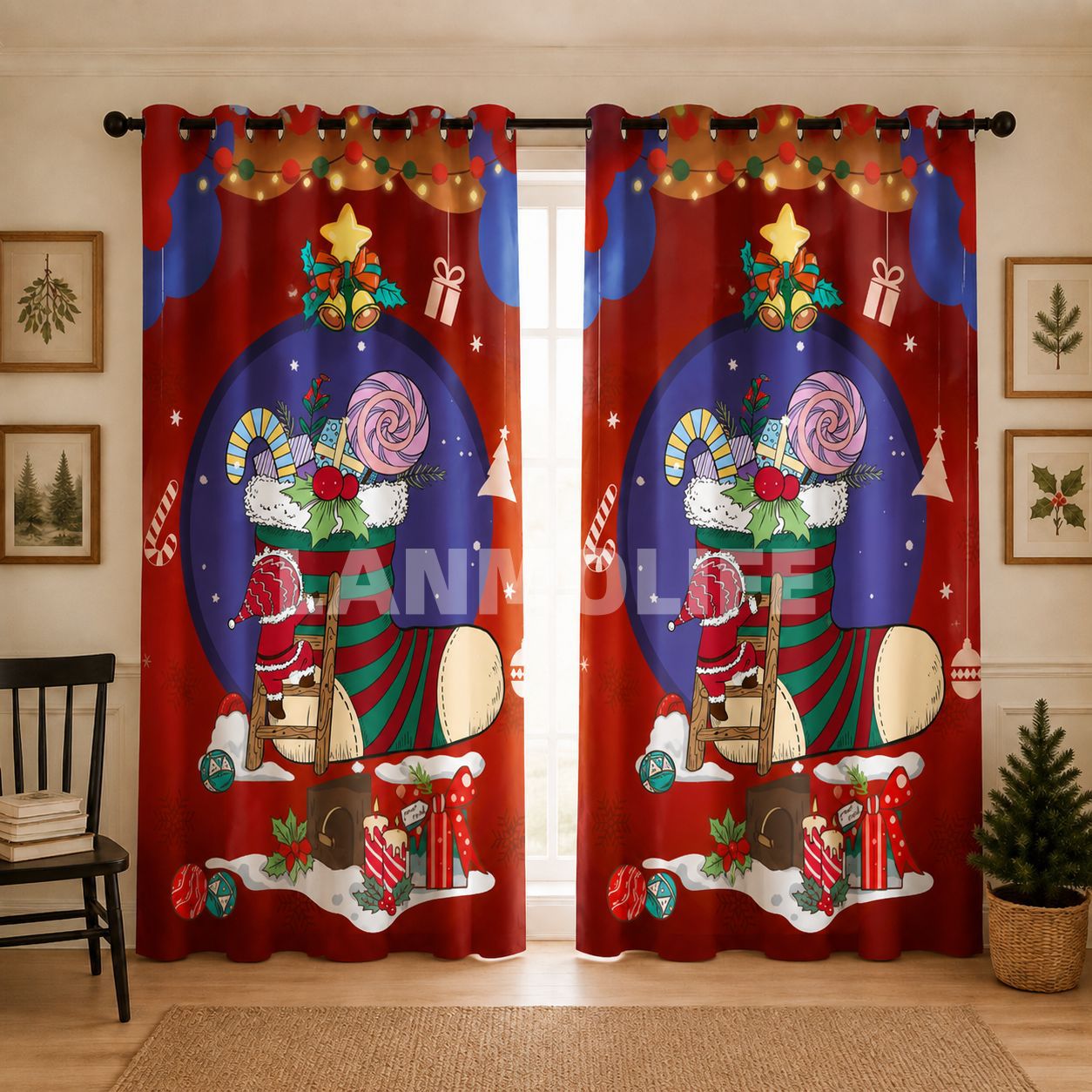 Impresión transfronteriza de cortinas de sombra de Navidad Europa y América decoración de Navidad ventana de piso sin perforación cortina de sombra al por mayor TEMU