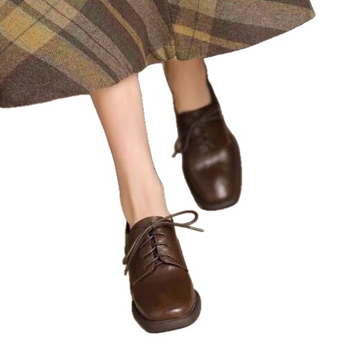 Vintage Style Square Head Lace-Up Leather Shoes Deep Mouth Ankle Boots Women Autumn New Chic British Style High Heels Women's Shoes