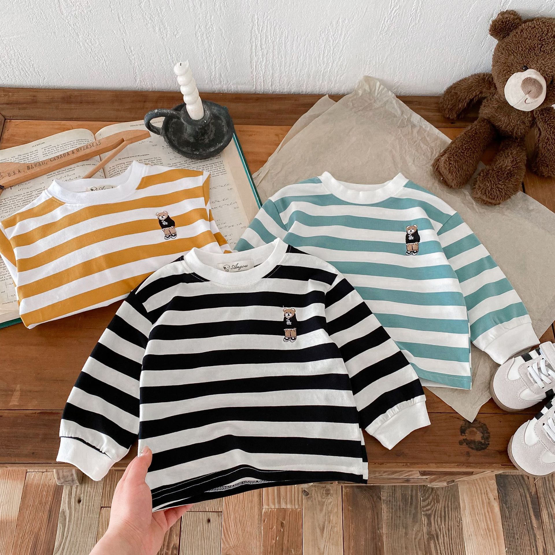 Spring 2024 New 1-8 Years Old Boys and Girls Small and Medium Children's Han Style Hooded Sweatshirt Striped Embroidered Bear Long Sleeve Top