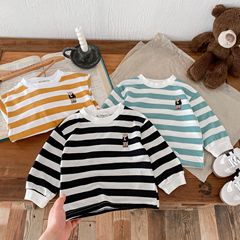 Spring 2024 New 1-8 Years Old Boys and Girls Small and Medium Children's Han Style Hooded Sweatshirt Striped Embroidered Bear Long Sleeve Top