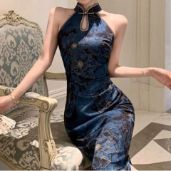 新中国式の名媛の優雅なレトロなプリントはフォークを開けてチャイナドレスのワンピースを改良します。
