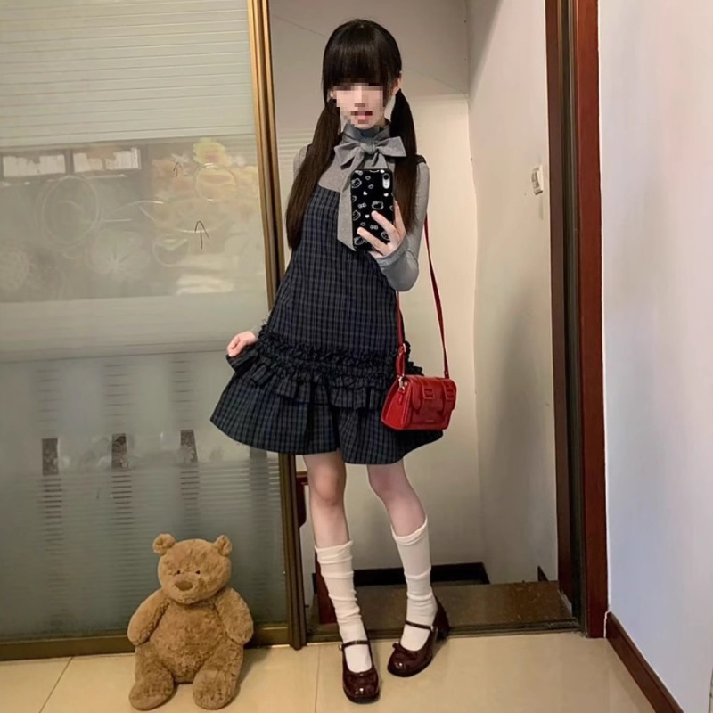 少女心事 秋装新款日系古早vintage设计蝴蝶结上衣格纹连衣裙套装|undefined