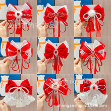 新年发卡儿童发夹红色蝴蝶结发饰小女孩可爱丝绒发饰喜庆拜年头饰