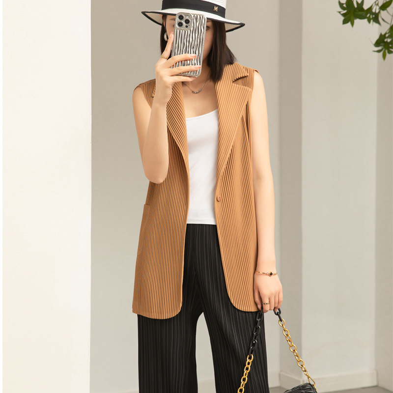 Pleated new vest coat women's clothing autumn and winter fashionable elegant suit collar loose slimming solid color mid-length top Pleated new vest coat women's clothing autumn and winter fashionable elegant suit collar loose slimming solid color mid-length top