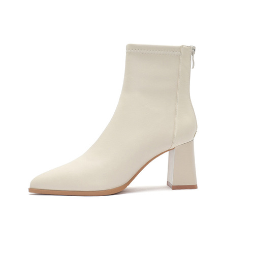 Fuhao pointed toe short boots high heel women's leather boots  new winter women's shoes back zipper French bare boots simple