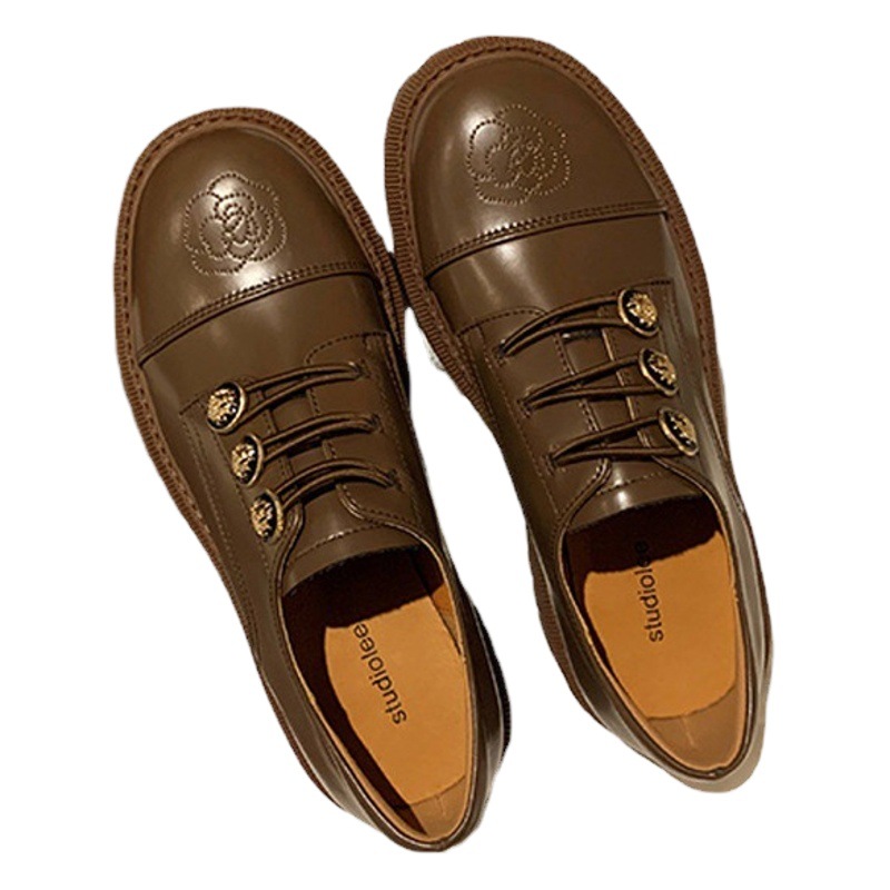 Mocasines retro con hebilla de metal estilo británico, zapatos de cuero pequeños con punta redonda y tacón grueso de primavera, zapatos individuales cómodos y versátiles para mujer.