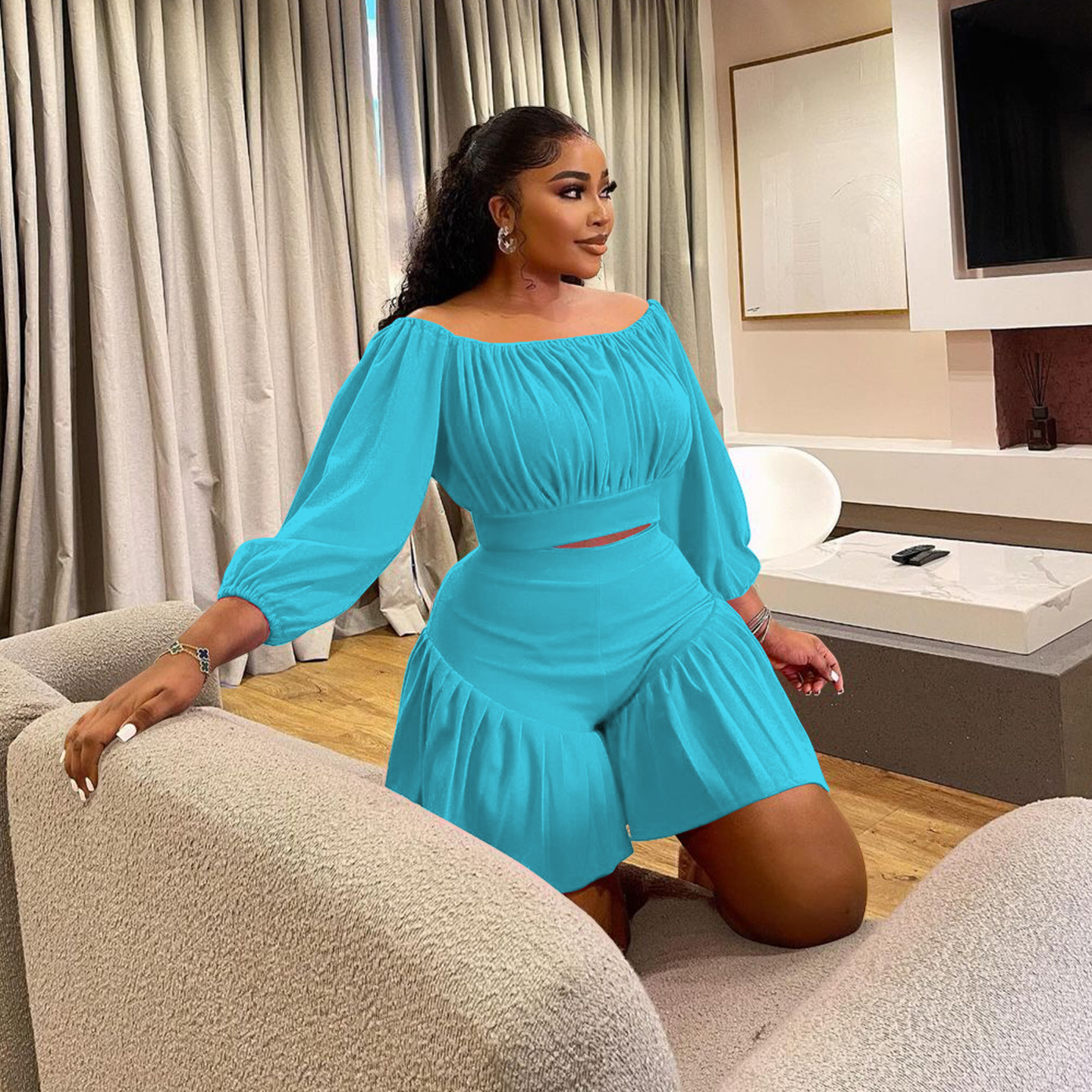 350g Weight Long Sleeve Sleeve Length Spandex, Polyester Fabric Type Shorts Co-ord Set Sets Type 2 Pieces Set Quantity Daily Occasion Off Shoulder Neckline Slim Fit Type Solid Color Pattern Summer Season Casual Style Daily Casual Solid Color Spandex Polyester Shorts Co-ord Set Plus Size Two-piece Sets 28