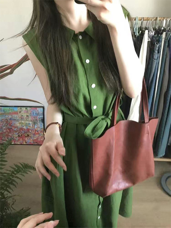茶歇法式绿色棉麻背心连衣裙女2025夏感系带收腰显瘦气质长裙|undefined