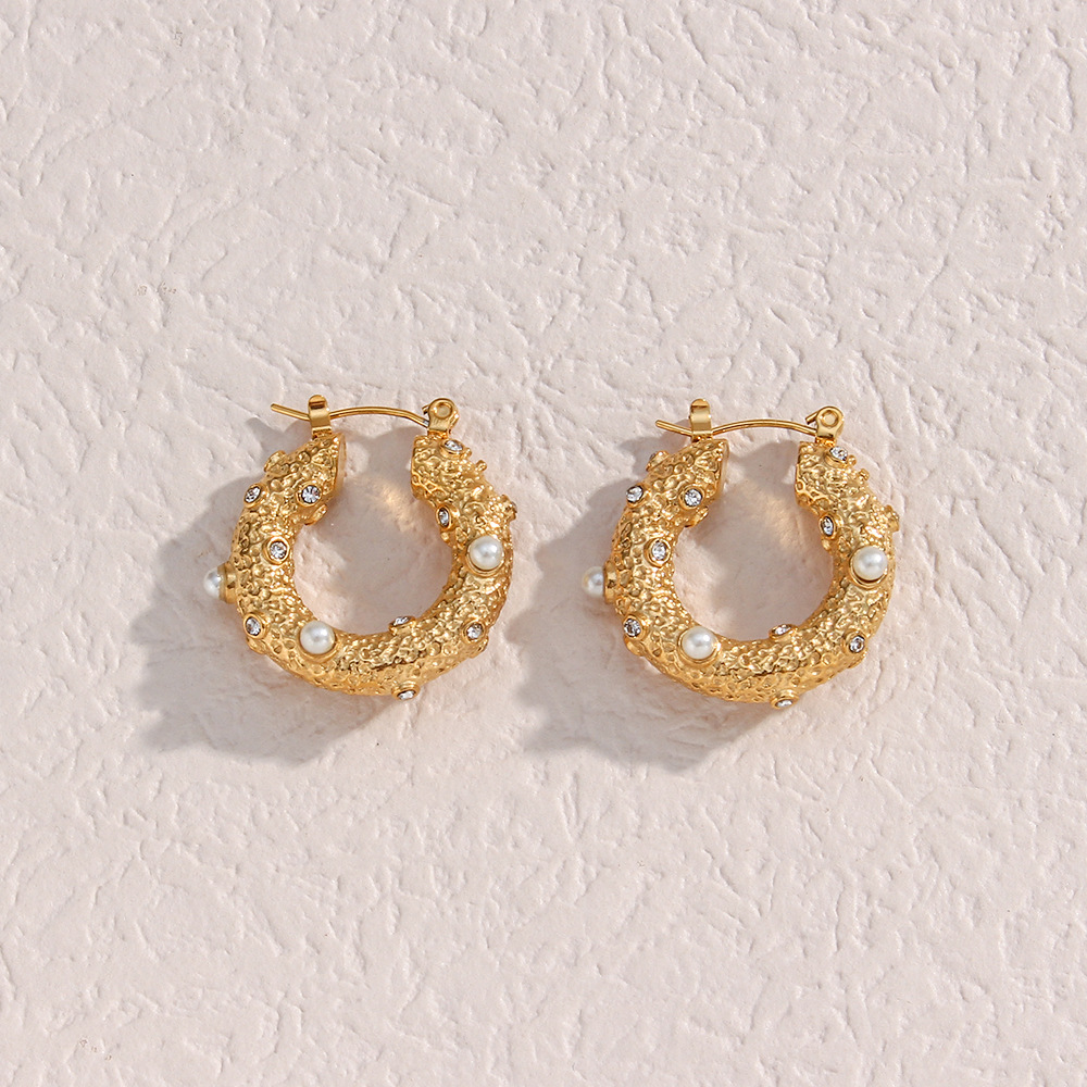 Retro Geometric Stainless Steel Earrings Plating Artificial Pearls Zircon Stainless Steel Earrings