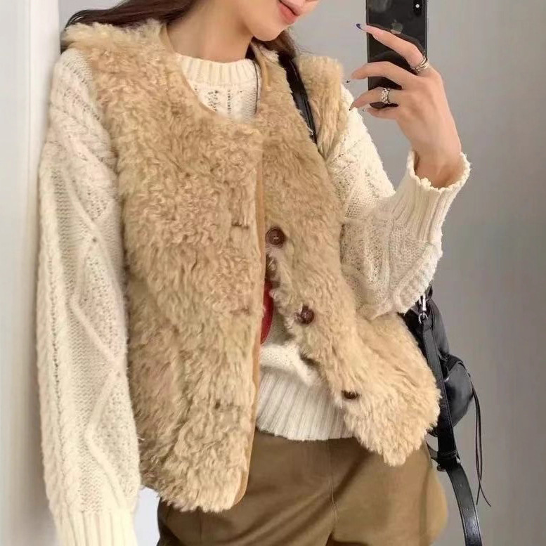 Ranwear Teddy Club Blogger's Same Style Environmentally Friendly Leather Vest Lamb Wool Thickeneded Fur Vest