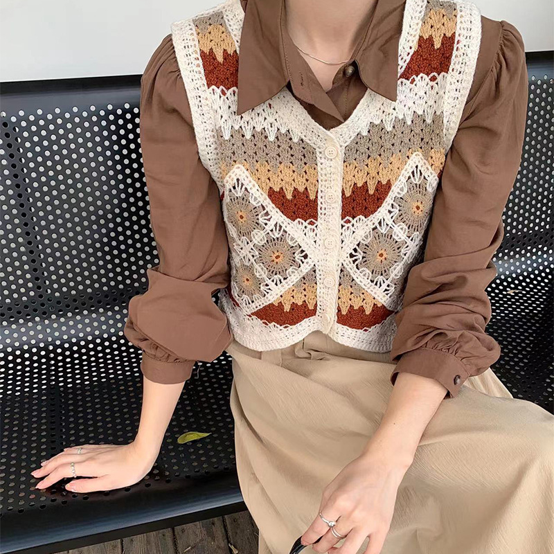 小香风钩花镂空宽松撞色马甲复古民族风针织背心女夏季新款叠穿潮