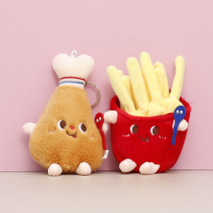 Popular online plush toys: Hamburger, French fries doll, chicken leg figurine, bread keychain charm, adorable cloth dolls—wholesale available