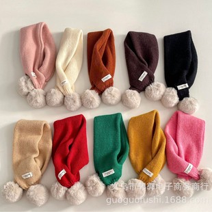 South Korea foreign style candy color children's scarf winter boys and girls solid color fur ball warm cross children's scarf tide