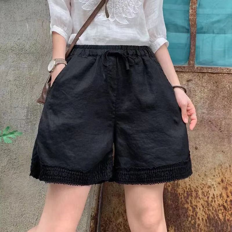 Foreign trade tail single leak-picking retro cotton and linen casual shorts women's 2023 new lace stitching four-point straight shorts women