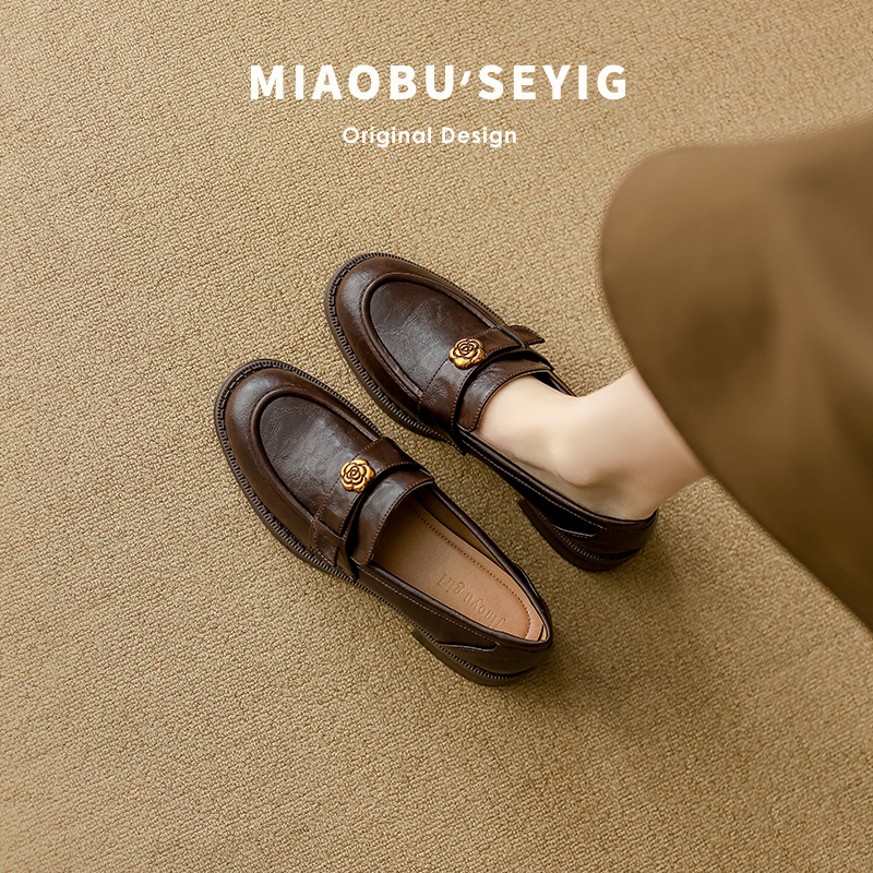 软羊皮~山茶花软底乐福鞋女2025新款秋冬季平底英伦风复古小皮鞋