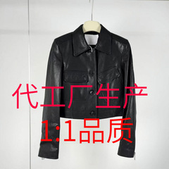 艾诺丝商场同款翻领黑色短外套衬衫袖短款皮衣外套秋款新款
