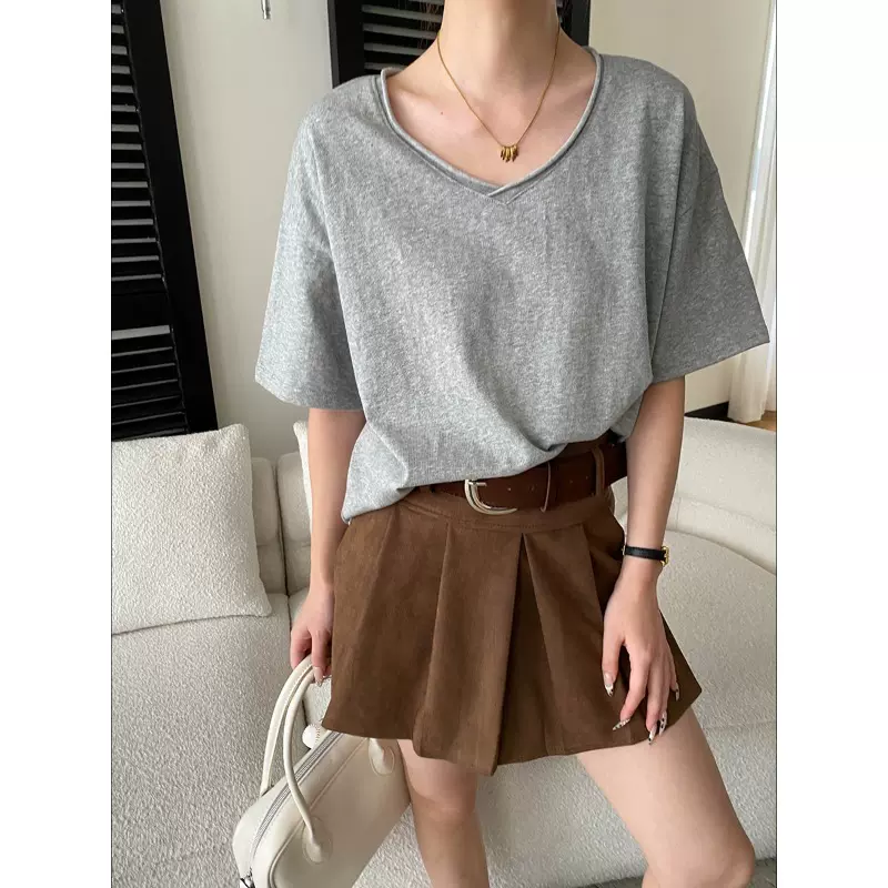 司南 淡人舒适区 慵懒卷边设计感V领百搭宽松显瘦短袖T恤 SN8743