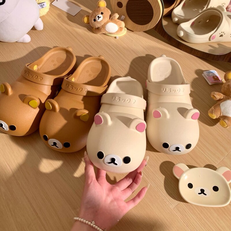 Cute Cartoon Rilakkuma Croc Shoes for Women Summer Students Korean Style Outerwear Non-Slip Toe Sandals Internet Celebrity Girly Heart