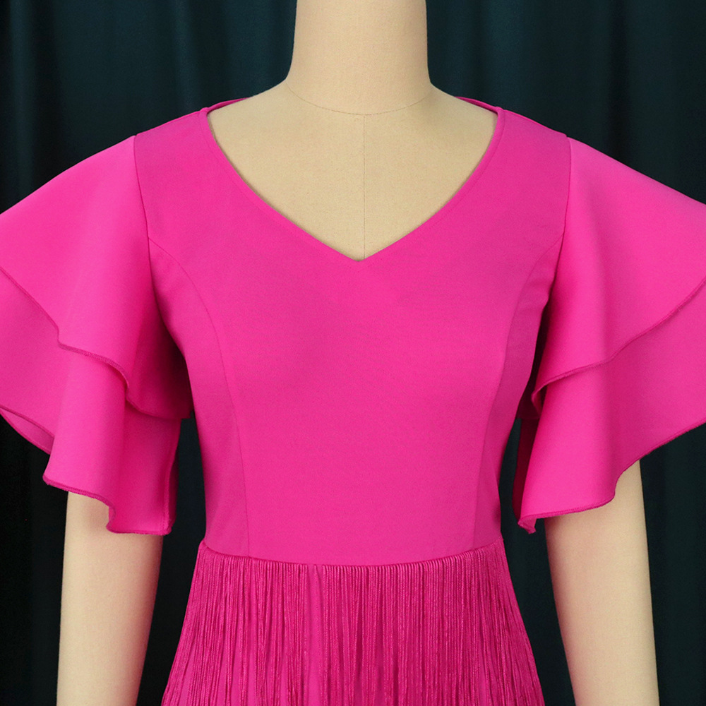 Women's Clothing Rose Red Tassel Skirt Ruffle Sleeve Sexy V Neck Large Size 4XL Dress Party Dress_voghion.com