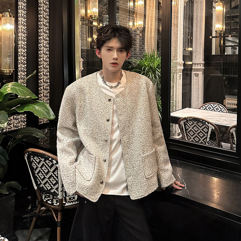 Tweed White Shoulder-Padded Small Fragrance Jacket Men's Winter Thickened High-End Jacket