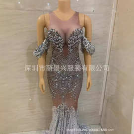 现货演出服明亮的水晶亮片优雅的鱼网连衣裙 露肩婚纱礼炮