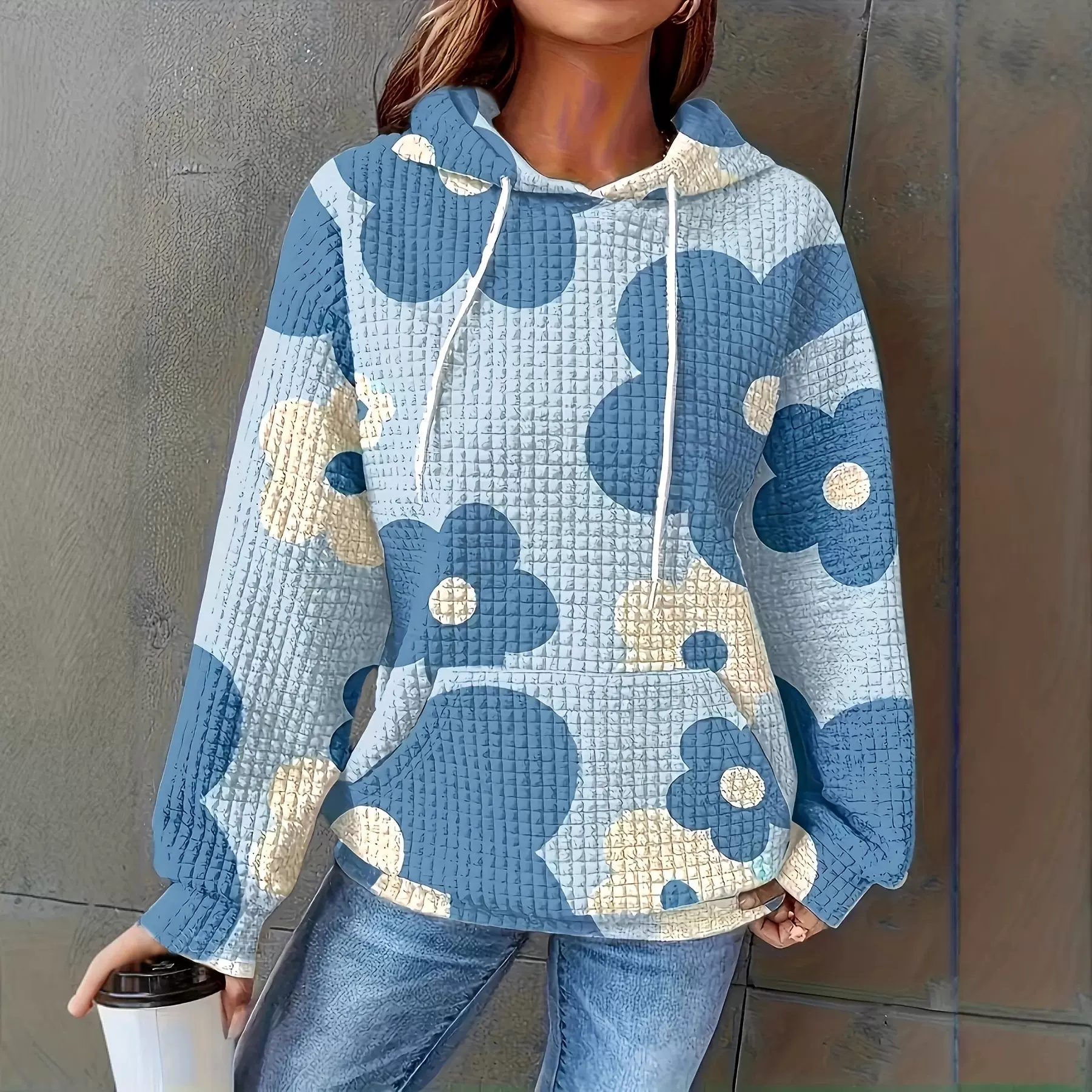 欧美亚马逊外贸秋冬新款连帽卫衣小方格数码印花休闲女连帽衫卫衣