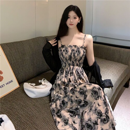French coffee break dress, suspender dress, women's summer new style, fat MM waist, slimming, covering meat, rose floral long dress