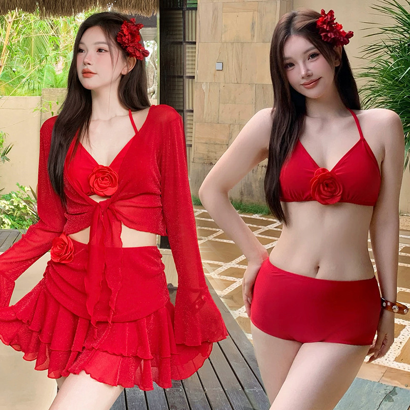 Plus-size Women's Swimsuit In Bright Red, Four-piece Bikini Set With Long Sleeves, Sun Protection, Sexy And Pure Desire_voghion.com