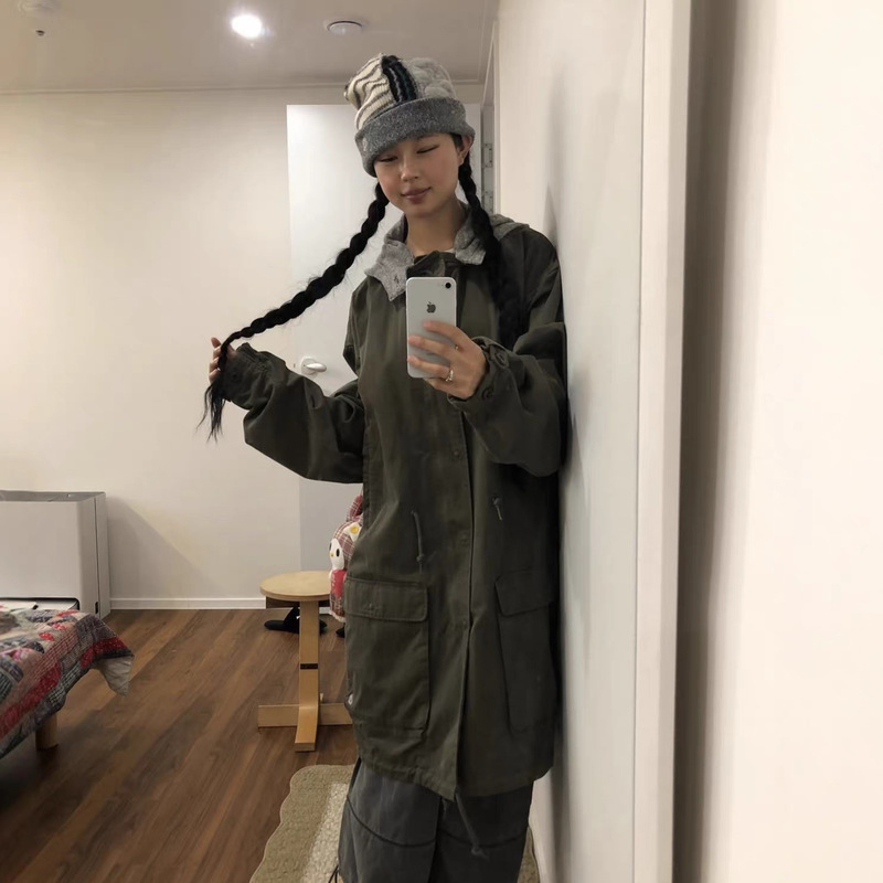 Pre-order/Loose-fit oversized workwear style large pocket color-blocked hooded mid-length coat Pre-order/Loose-fit oversized workwear style large pocket color-blocked hooded mid-length coat