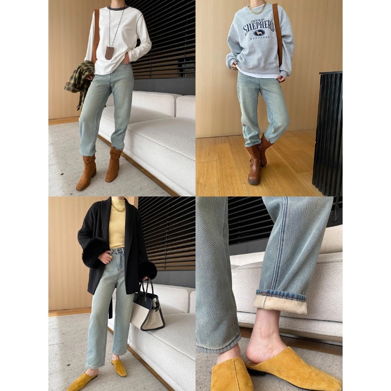 SINAN WANG 프라이드 팬츠 클래식 레트로 높은 허리 슬리밍 좁은 판 연기 튜브 스트레이트 기모 청바지 SN6844