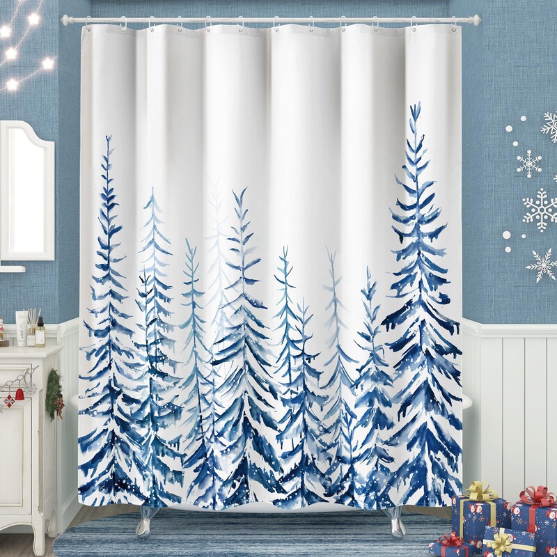 Cross-Border Shower Curtain with Tree and Farmhouse Design, Modern White Digital Print, Waterproof and Mildew-Proof Partition Curtain for Bathroom