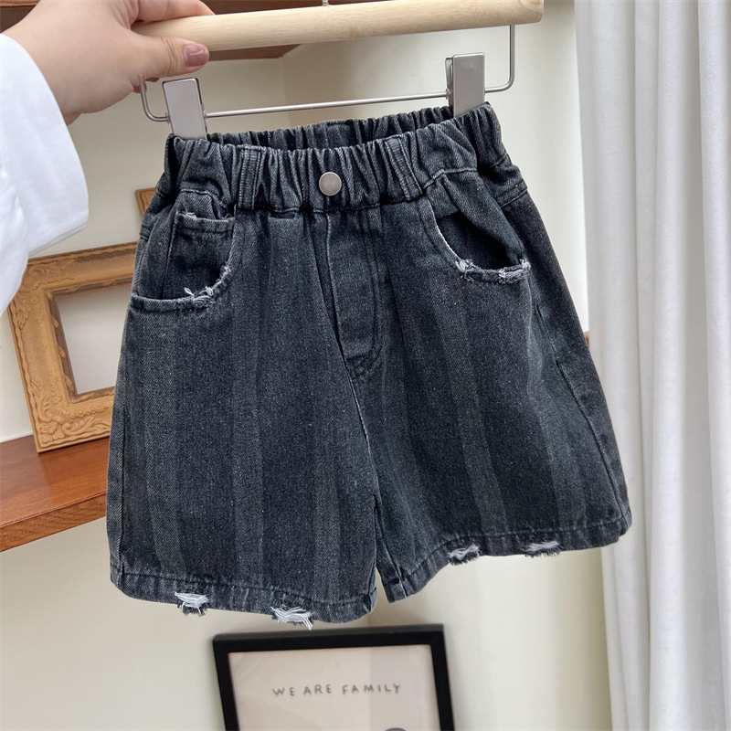 Boys summer American distressed shorts, children's dark cut denim loose casual pants, 5/4 pants_voghion.com