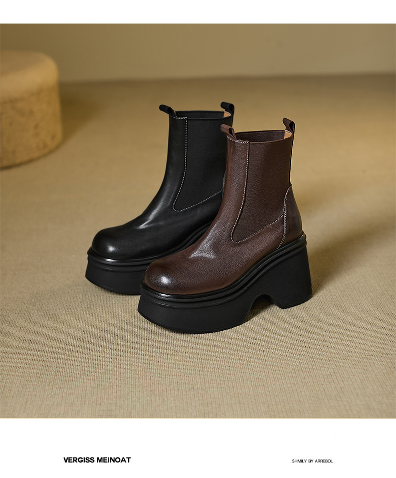 Boot Chelsea nữ da bò mũi tròn đế nêm siêu cao gót cổ ngắn mùa thu đông — Lớp lót nhung đen, đen, Lớp lót nhung màu nâu, nâu chi tiết 12