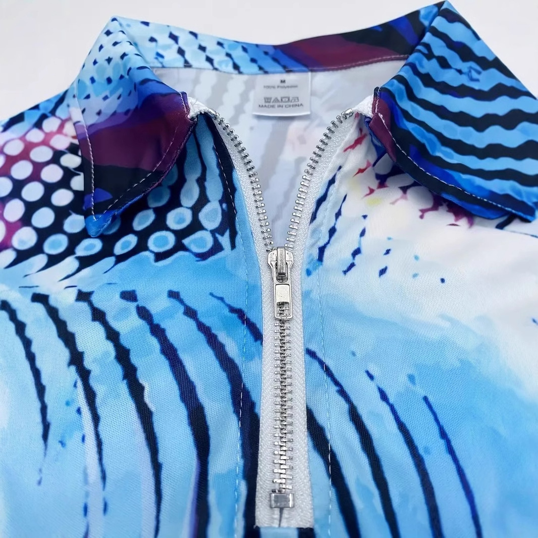 Cool abstracto colorido tecnología halo impresión 3D calle hombre solapa suelta transpirable manga corta cremallera camisa POLO