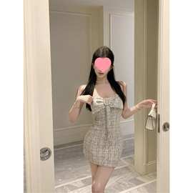 法式小香风蝴蝶结设计感抹胸连衣裙秋季新款时尚纯欲包臀短裤子女