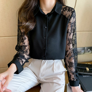 17 Color 5 Size Long Sleeve Shirt Women's Cross-border New Fashion Stylish Lace Stitching Chiffon Shirt Slim-fit Top