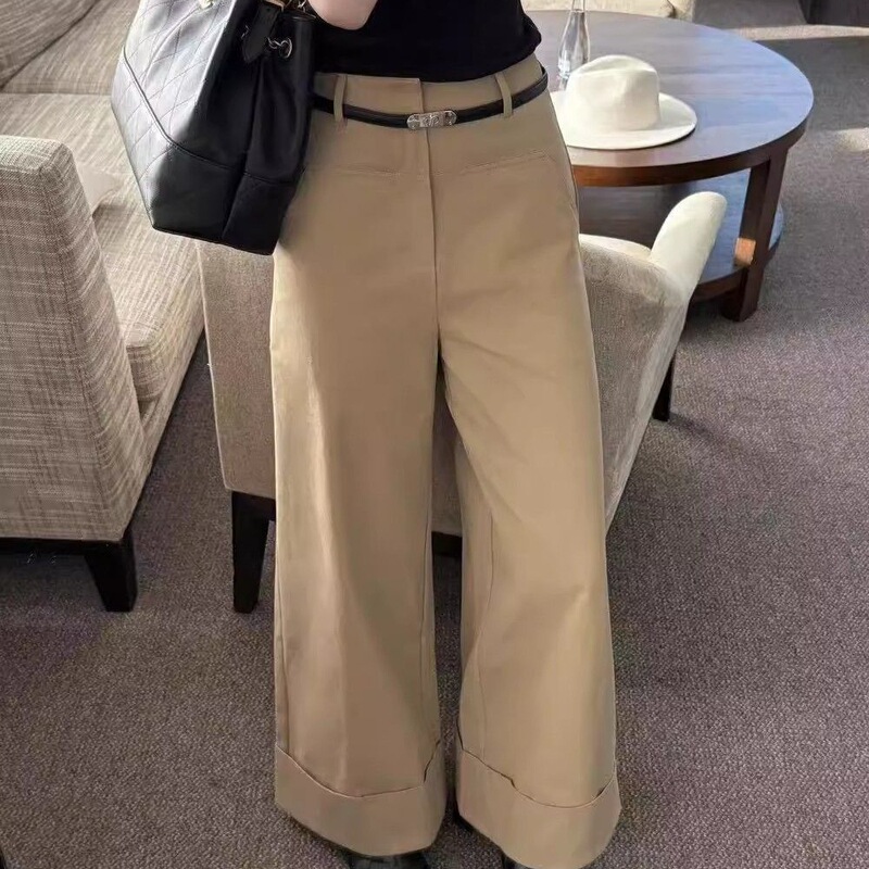 2025早秋新款韩版高腰宽松显瘦卷边阔腿直筒裤女百搭休闲长裤呢子|undefined