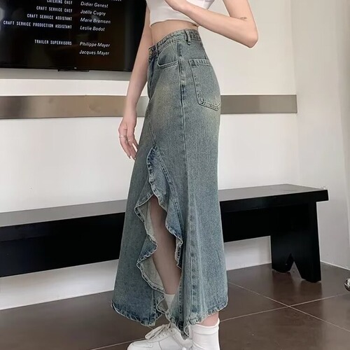 A-line fish-tail maxi skirt with high-waist, mid-length, suitable for casual and versatile wear, regular fit, pure color denim dress.