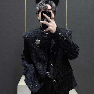 Niche Design Tweed Chanel Style Jacket Men's 2025 New High-end Short Shoulder Pad Starling Sequin Jacket