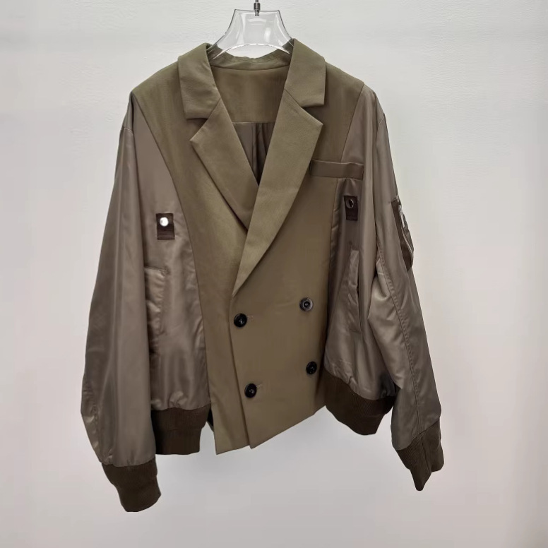 Spring and Summer New Japanese Niche Design Deconstructed Style Wool Blend Patchwork Blazer Collar Flight Jacket for Women Spring and Summer New Japanese Niche Design Deconstructed Style Wool Blend Patchwork Blazer Collar Flight Jacket for Women