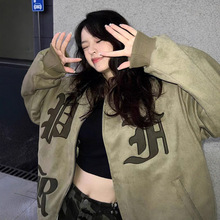 美式复古麂皮绒外套女春秋2025新款潮牌高街hiphop夹克情侣棒球服