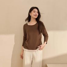 【撞色假两件百搭T恤】纤莉秀大码女装设计感褶皱上衣胖mm秋新款