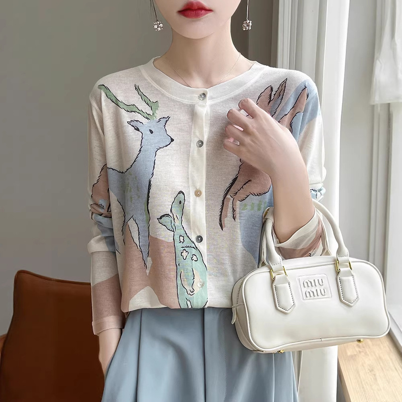 New Tencel Water-Soluble Wool Round Neck Knitted Cardigan Women's Fashionable Versatile Thin Jacket Loose Sun Protection Top Trendy