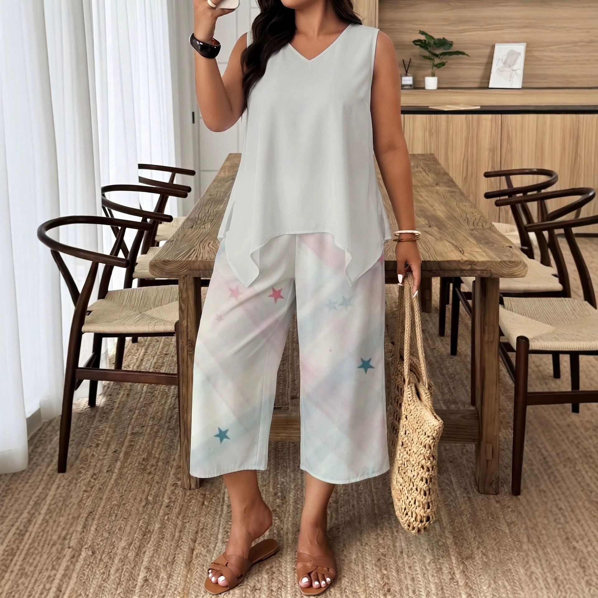 Original Women's Summer Outfit: Sleeveless V-neck Asymmetrical Top With Gradient Plaid And Star Print, Wide-leg_ecoleips.com